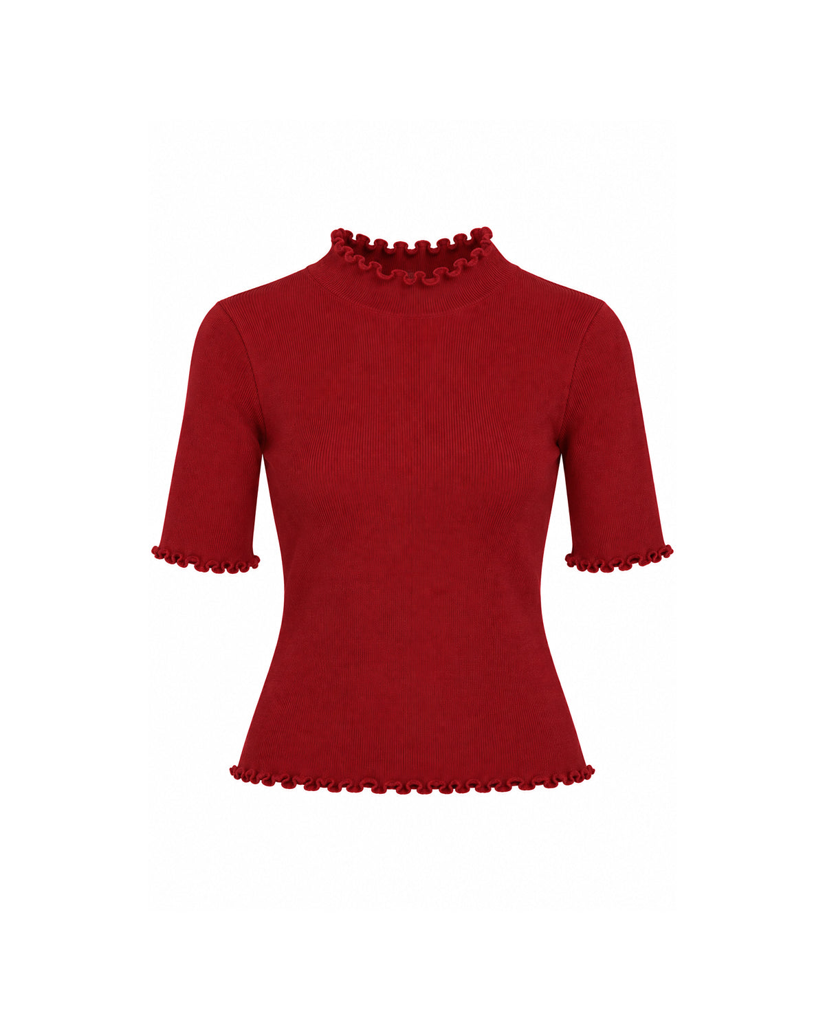 RIBBED MOCK NECK TOP WITH LETTUCE TRIM