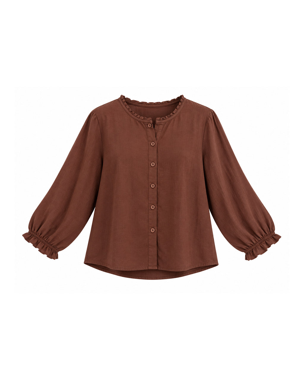 BUTTON FRONT BLOUSE WITH PUFF SLEEVES AND RUFFLE DETAILS