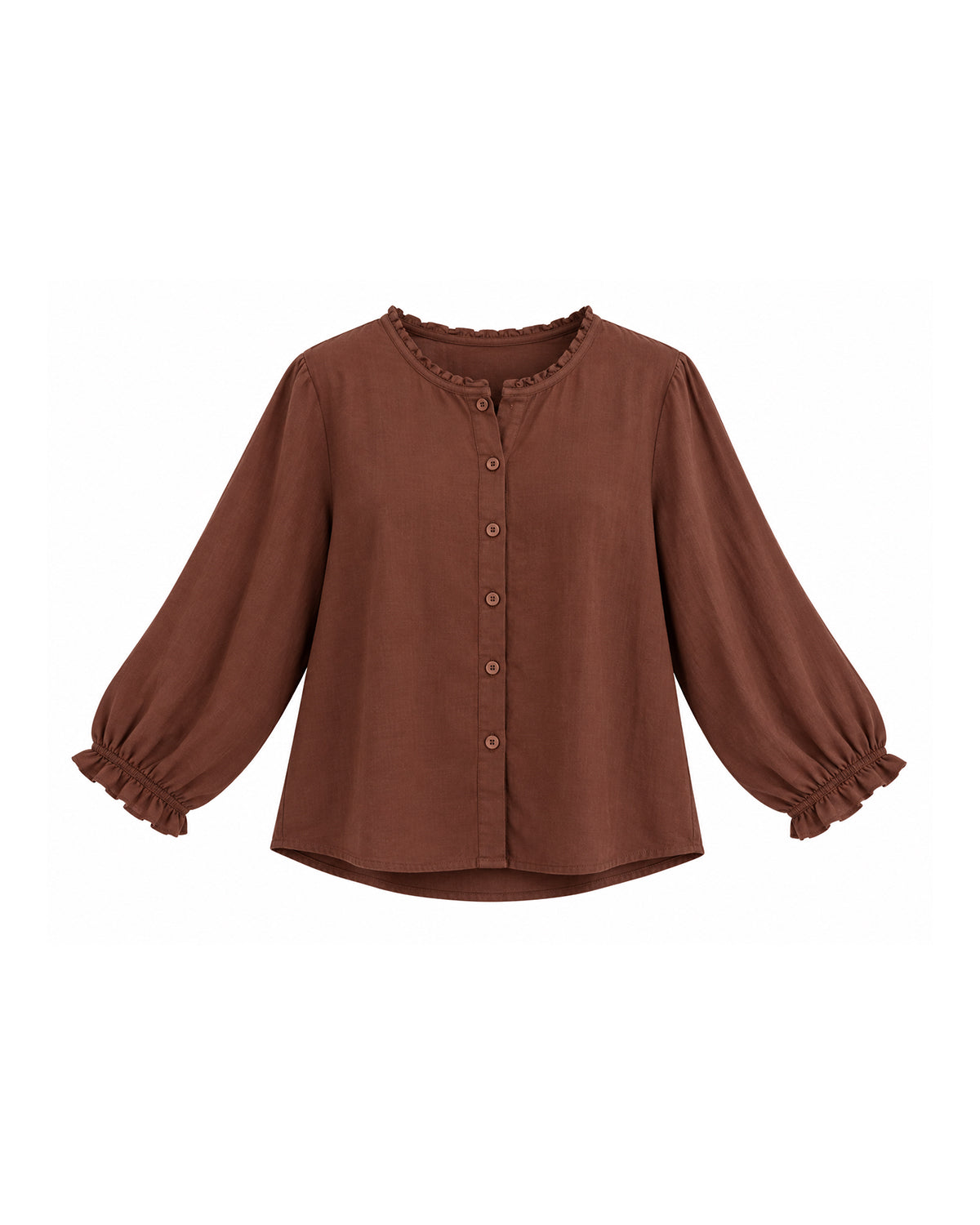 BUTTON FRONT BLOUSE WITH PUFF SLEEVES AND RUFFLE DETAILS