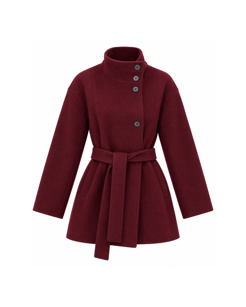 HIGH-NECK BUTTON-FRONT BELTED SHORT COAT