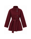 HIGH-NECK BUTTON-FRONT BELTED SHORT COAT