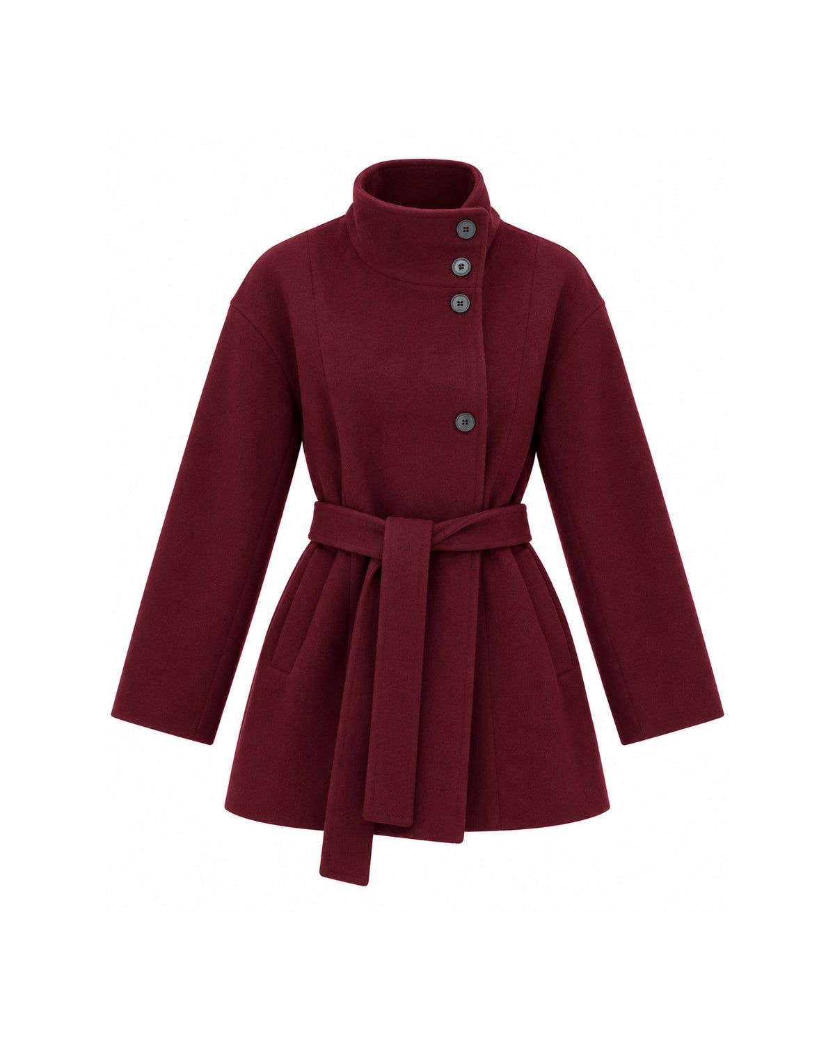 HIGH-NECK BUTTON-FRONT BELTED SHORT COAT