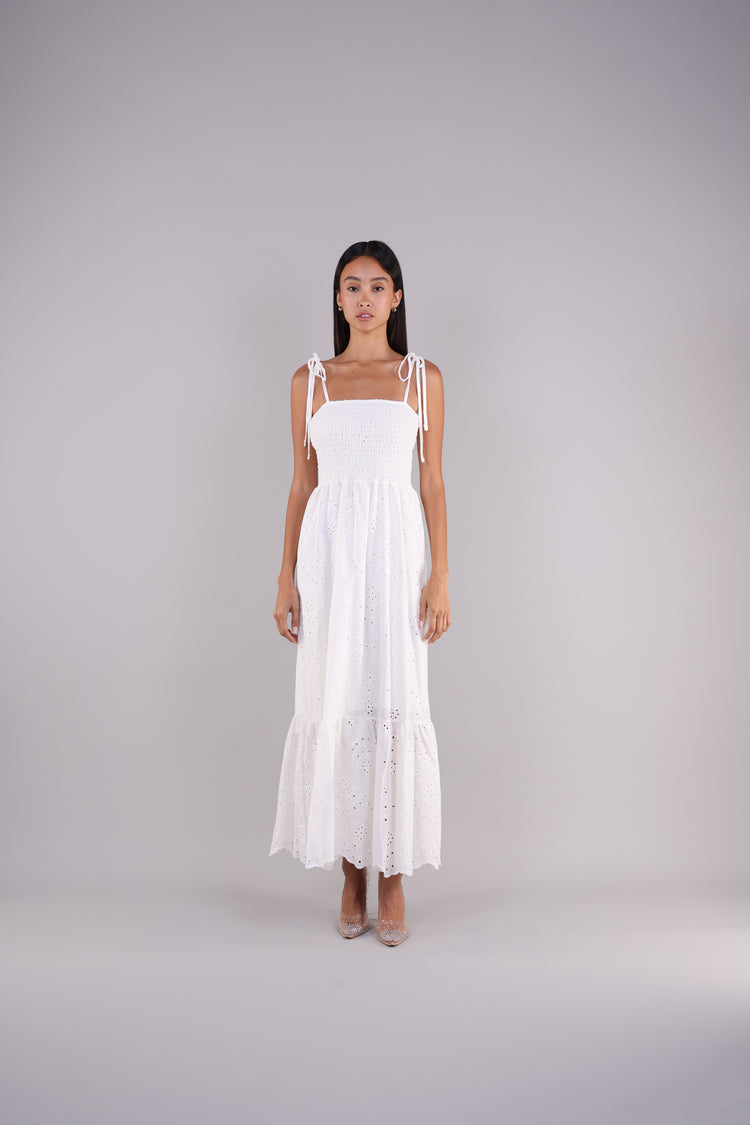 WHITE TIE-STRAP MAXI DRESS