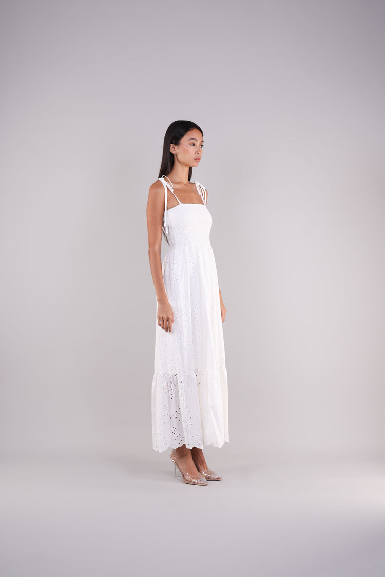WHITE TIE-STRAP MAXI DRESS