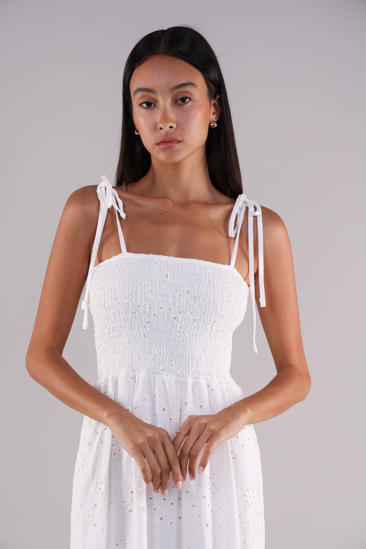 WHITE TIE-STRAP MAXI DRESS