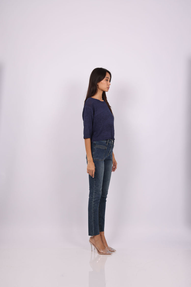 BLUE HIGH-RISE JEANS WITH FRONT PATCH POCKETS