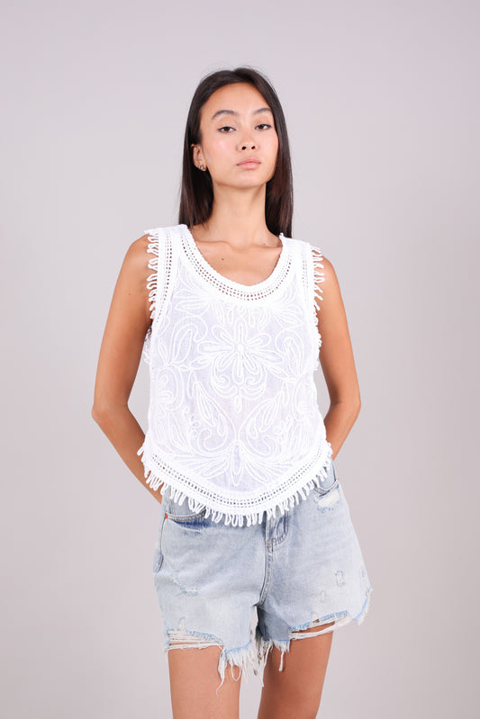EMBROIDERED TOP WITH FRINGE HEM