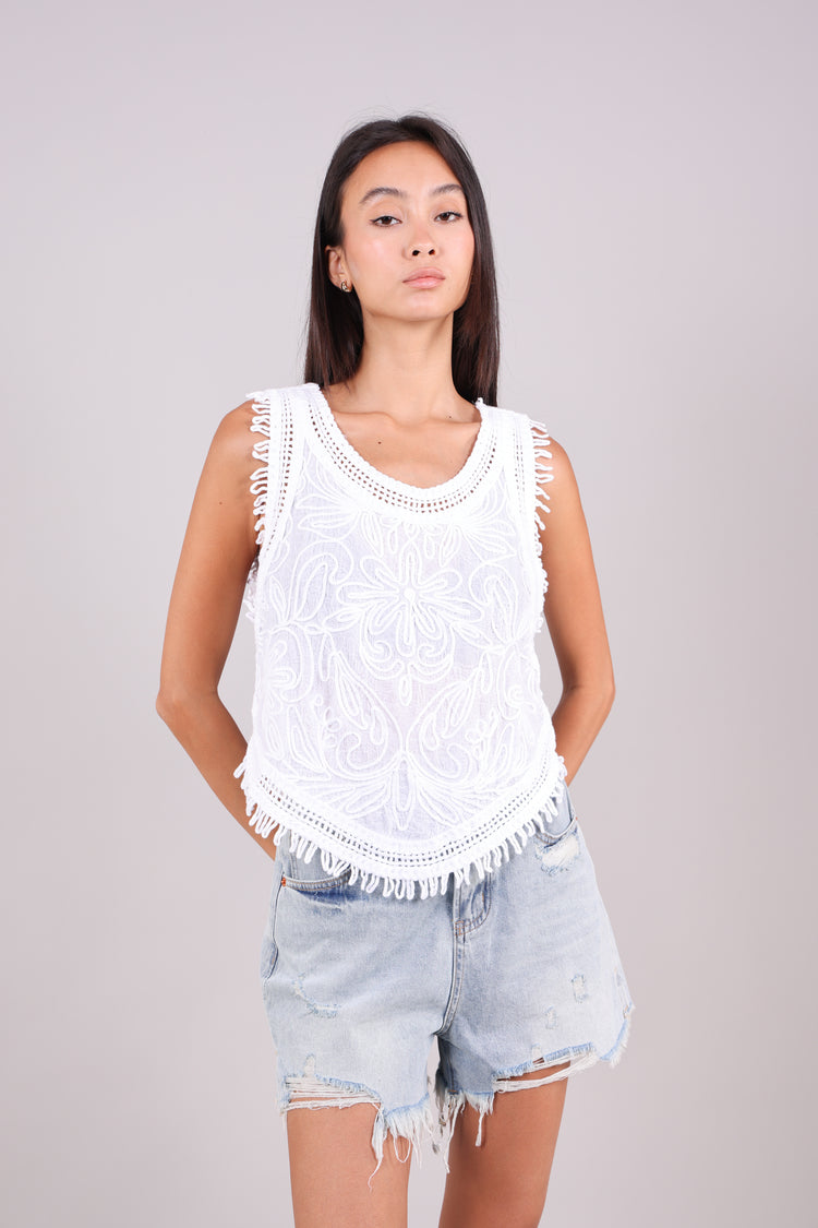 EMBROIDERED TOP WITH FRINGE HEM