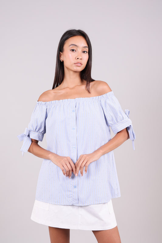 STRIPED OFF-SHOULDER BLOUSE WITH TIE SLEEVES