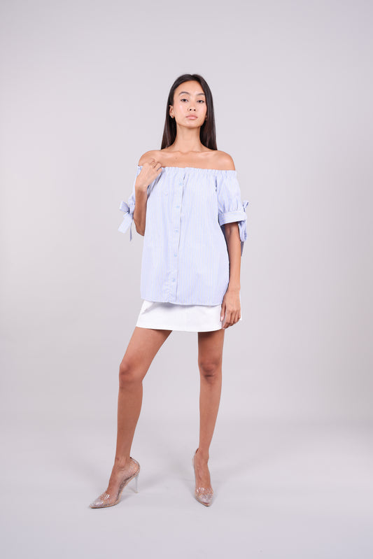 STRIPED OFF-SHOULDER BLOUSE WITH TIE SLEEVES