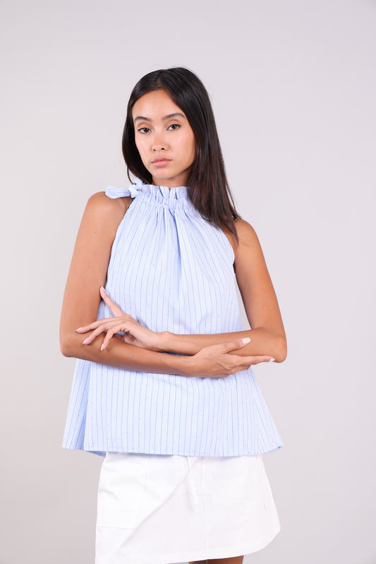 STRIPED HALTER TOP WITH NECK TIE