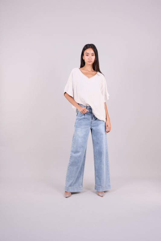 RELAXED V-NECK BLOUSE WITH METALLIC TRIM