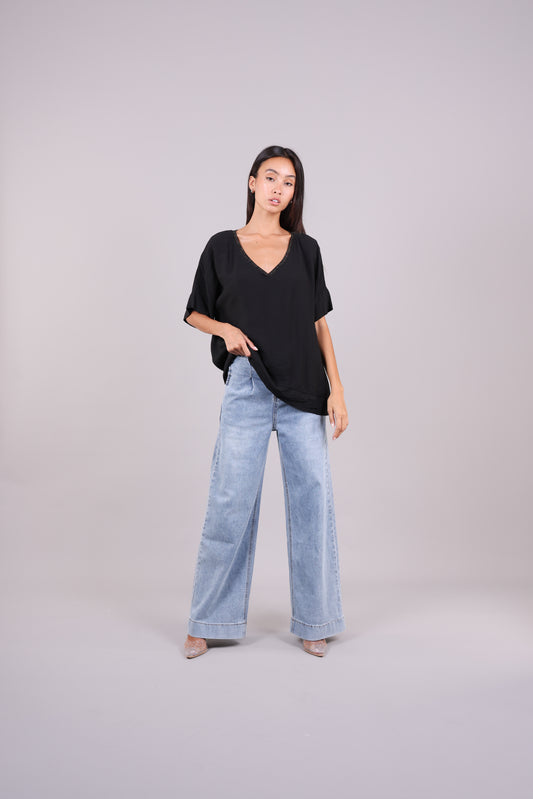 RELAXED V-NECK BLOUSE WITH METALLIC TRIM