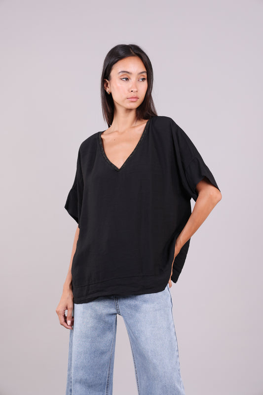 RELAXED V-NECK BLOUSE WITH METALLIC TRIM