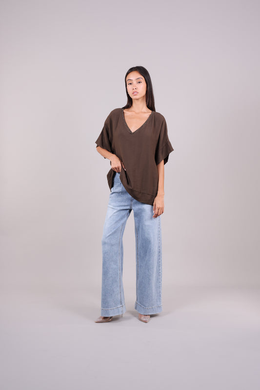 RELAXED V-NECK BLOUSE WITH METALLIC TRIM