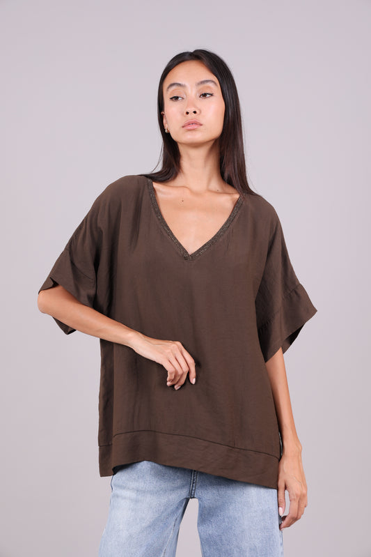 RELAXED V-NECK BLOUSE WITH METALLIC TRIM