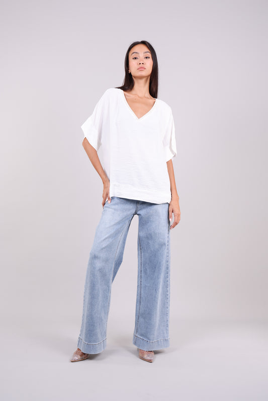 RELAXED V-NECK BLOUSE WITH METALLIC TRIM