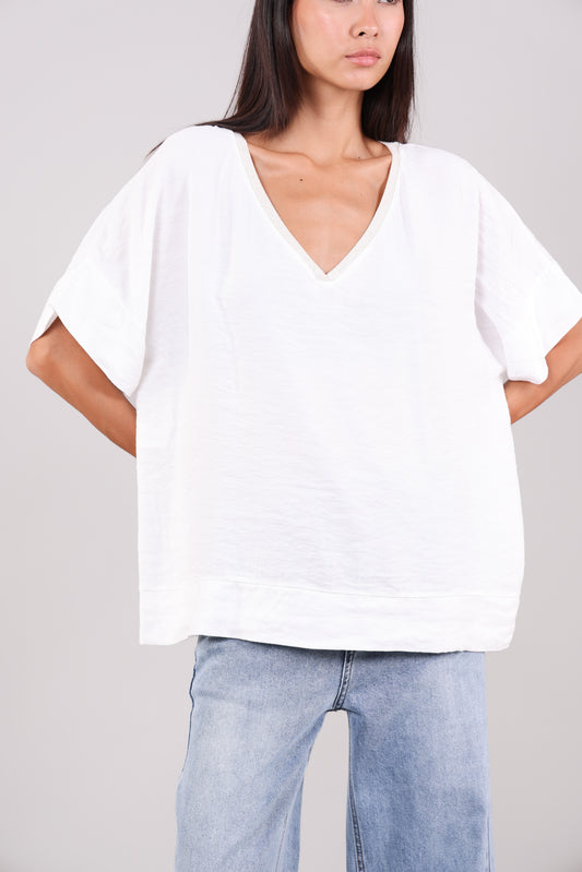 RELAXED V-NECK BLOUSE WITH METALLIC TRIM