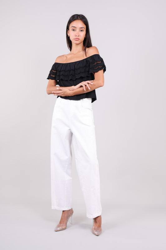 EYELET RUFFLE OFF-SHOULDER TOP