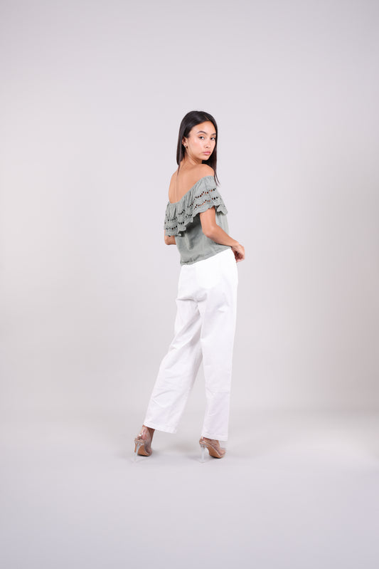 EYELET RUFFLE OFF-SHOULDER TOP