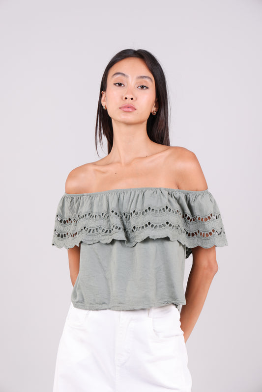 EYELET RUFFLE OFF-SHOULDER TOP