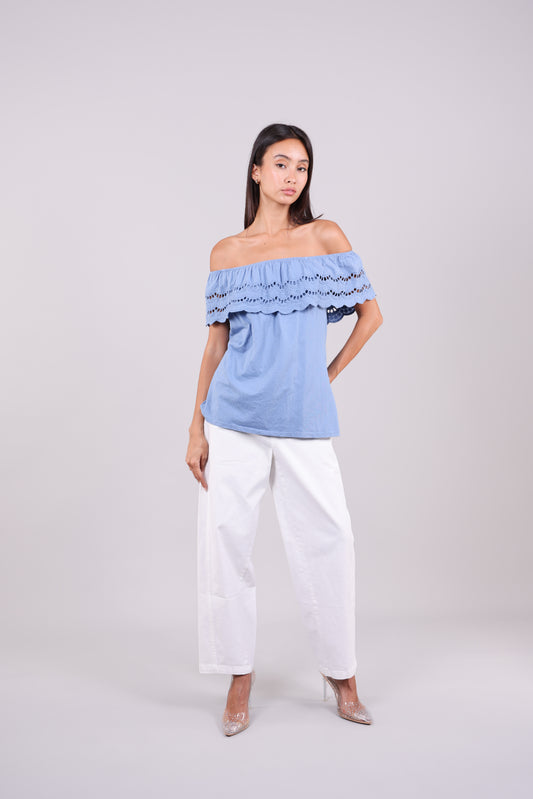 EYELET RUFFLE OFF-SHOULDER TUNIC LONG TOP