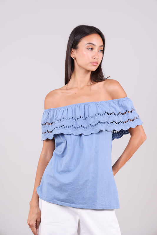 EYELET RUFFLE OFF-SHOULDER TUNIC LONG TOP