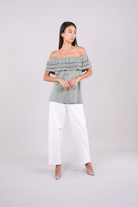 EYELET RUFFLE OFF-SHOULDER TUNIC LONG TOP