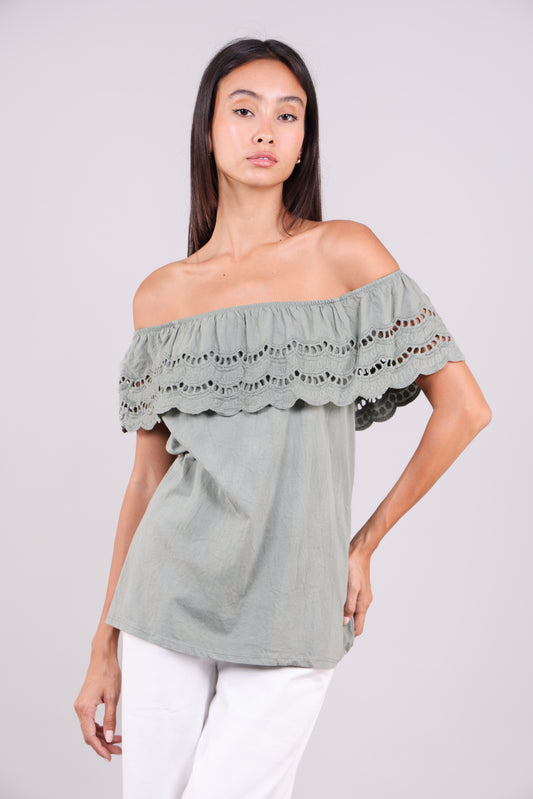 EYELET RUFFLE OFF-SHOULDER TUNIC LONG TOP