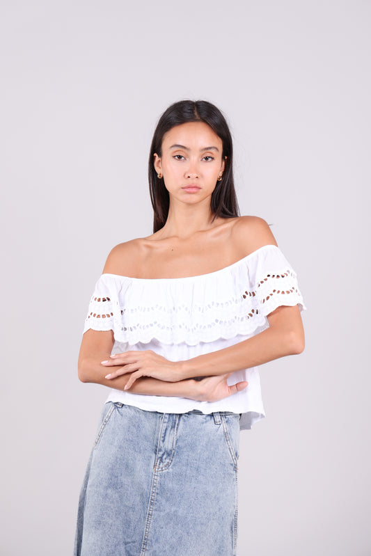 EYELET RUFFLE OFF-SHOULDER TOP