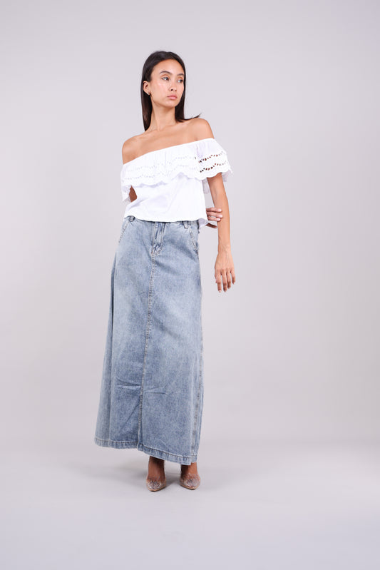 EYELET RUFFLE OFF-SHOULDER TOP