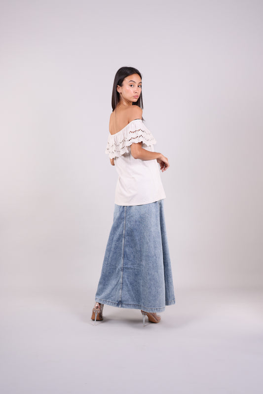 EYELET RUFFLE OFF-SHOULDER TUNIC LONG TOP