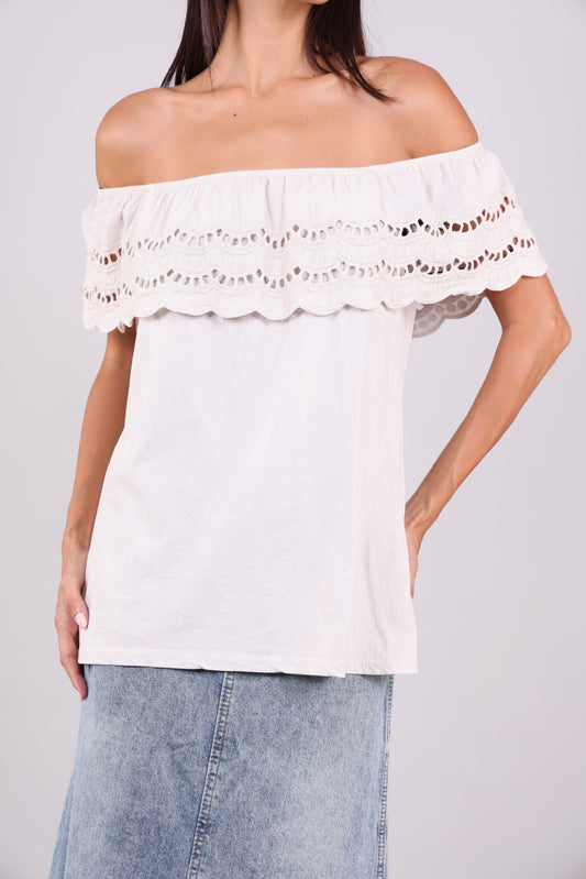 EYELET RUFFLE OFF-SHOULDER TUNIC LONG TOP