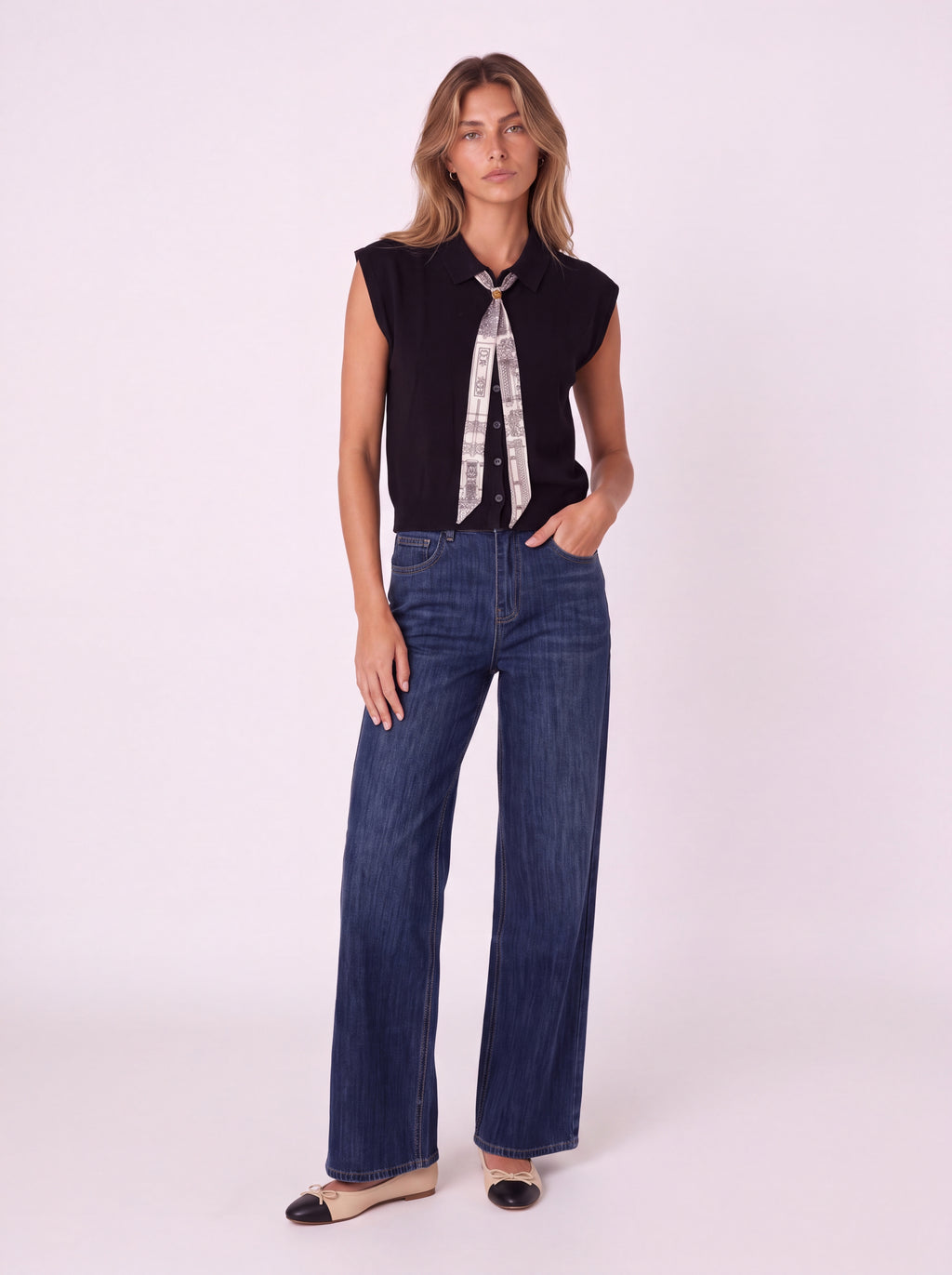 IVORY COLLARED BUTTON-FRONT SLEEVELESS KNIT TOP WITH PRINTED SCARF