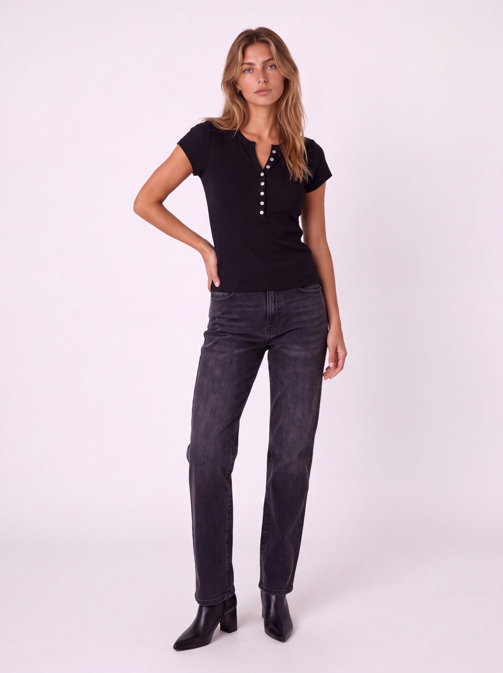 SHORT SLEEVE BUTTON FRONT HENLEY TOP