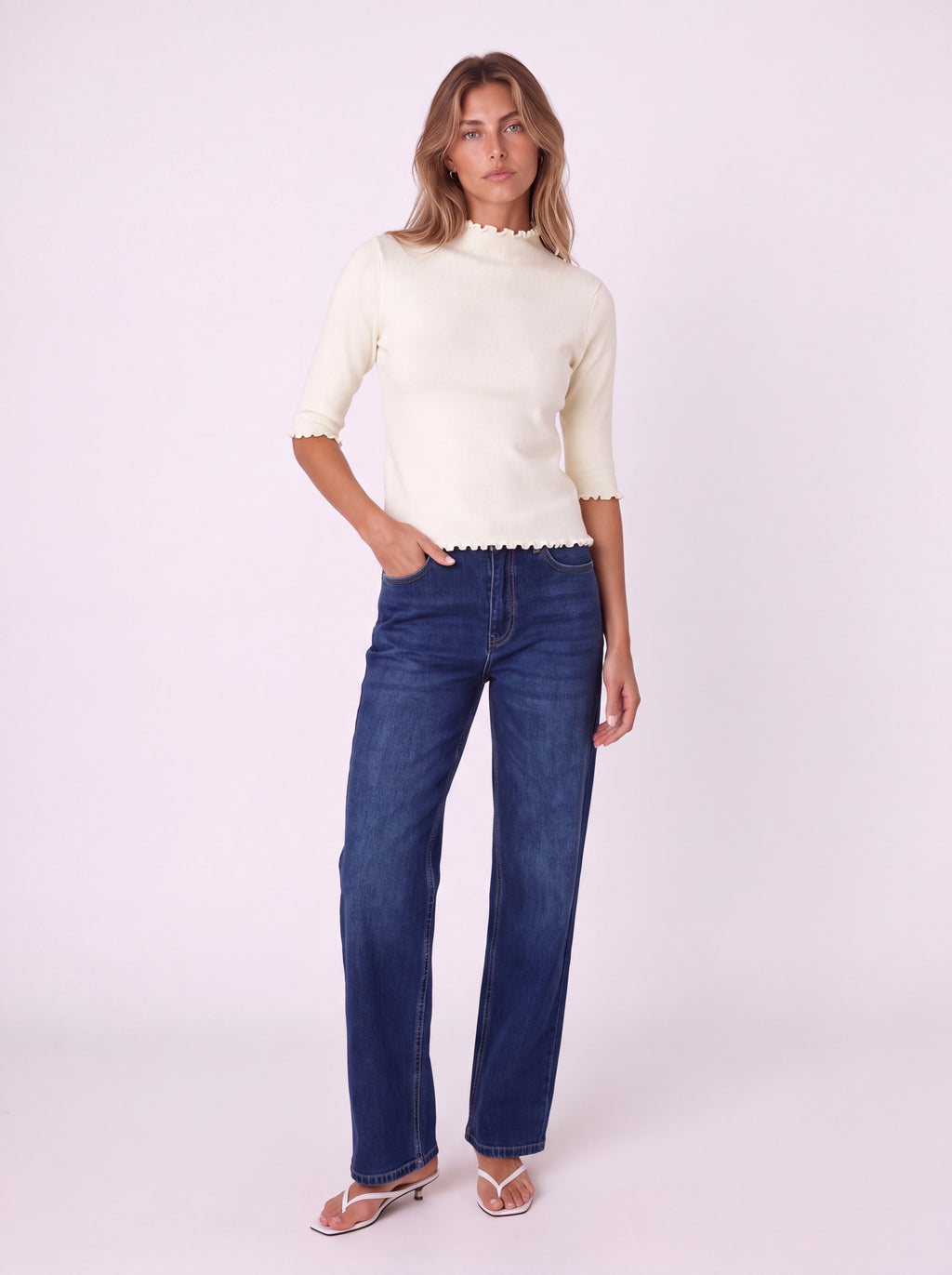 RIBBED MOCK NECK TOP WITH LETTUCE TRIM