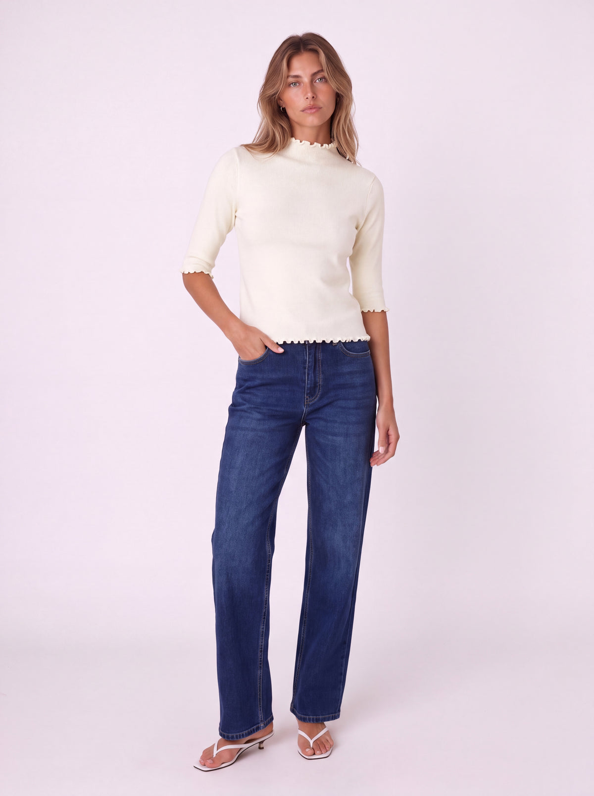 RIBBED MOCK NECK TOP WITH LETTUCE TRIM