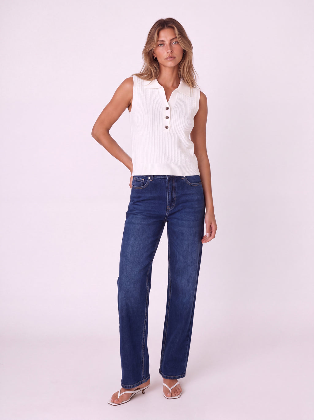 SLEEVELESS CABLE KNIT POLO TOP WITH BUTTON FRONT