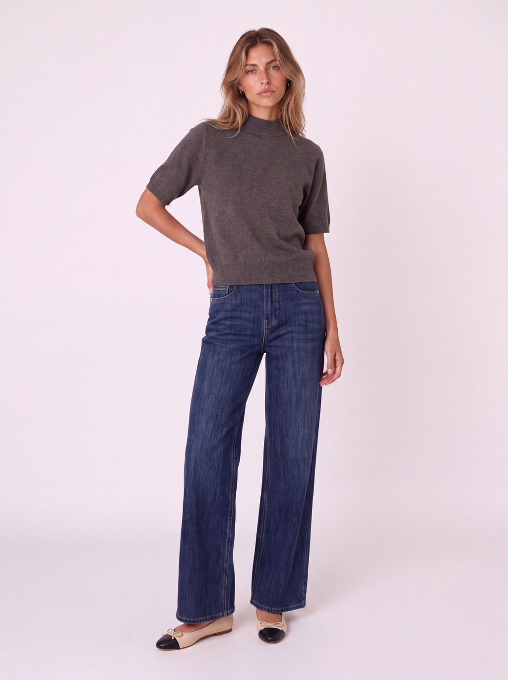 MOCK-NECK SHORT-SLEEVE KNIT TOP