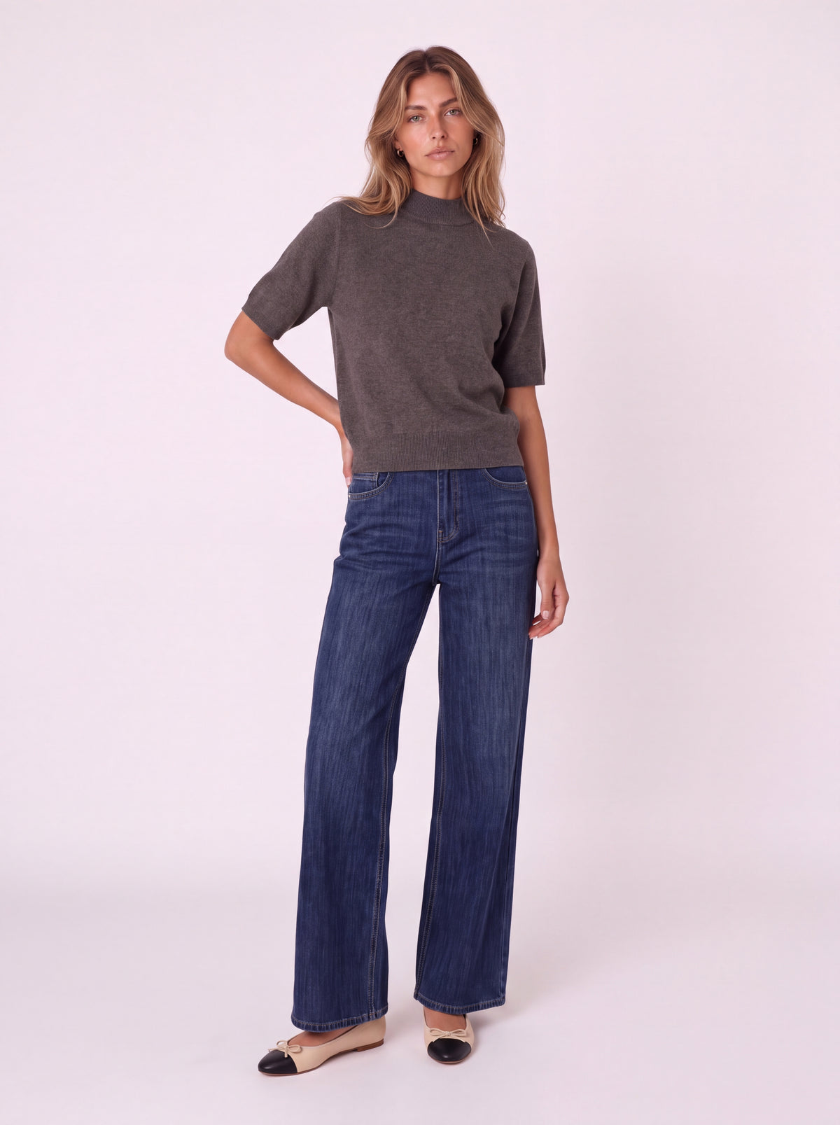 MOCK-NECK SHORT-SLEEVE KNIT TOP