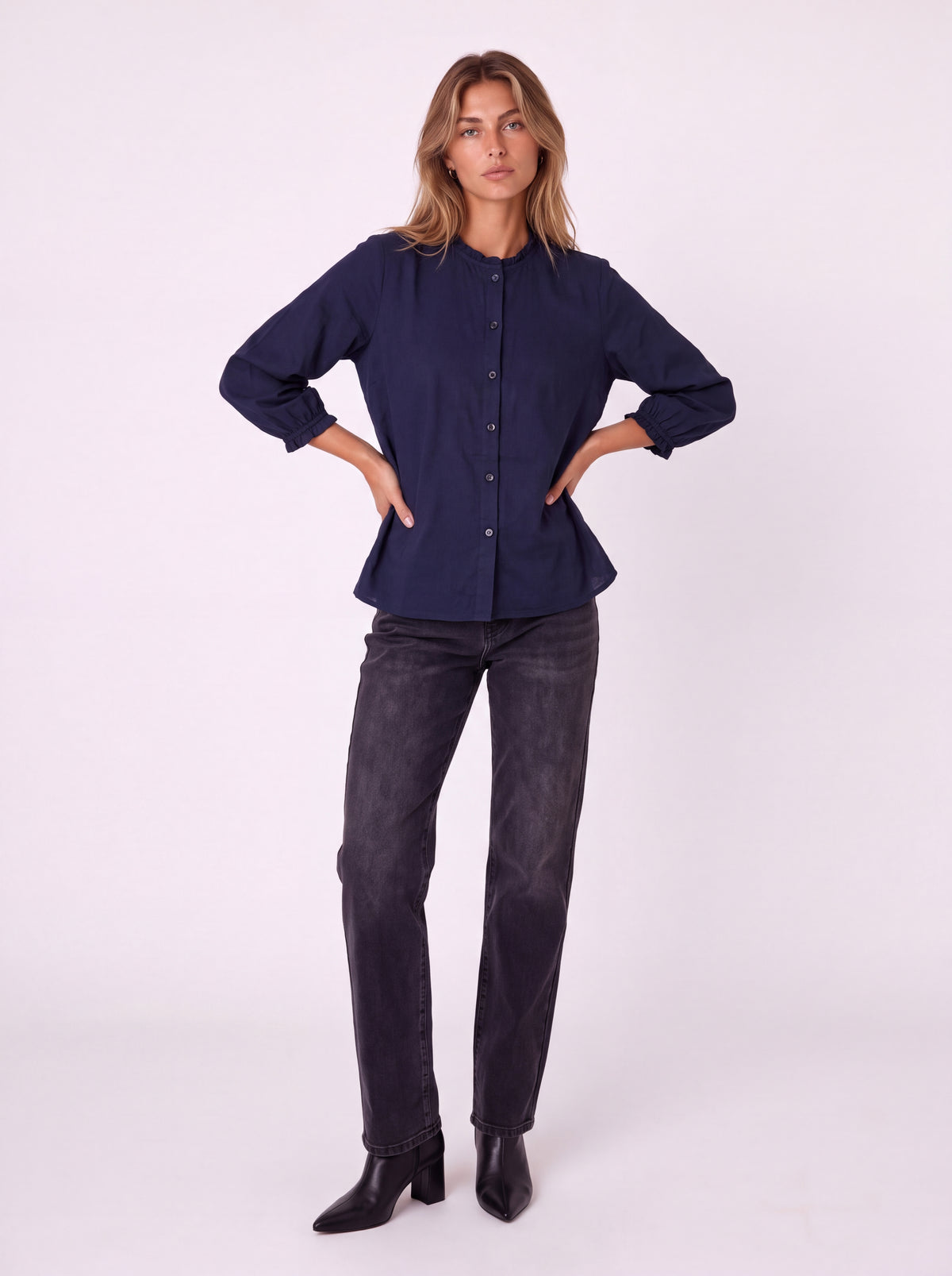 BUTTON FRONT BLOUSE WITH PUFF SLEEVES AND RUFFLE DETAILS
