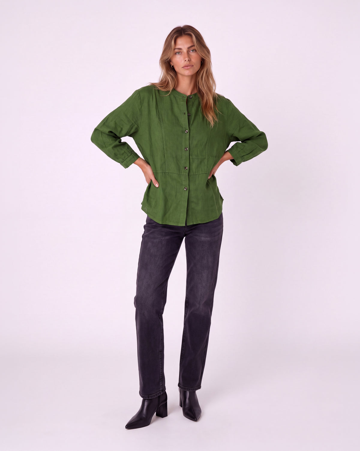MANDARIN COLLAR BUTTON-FRONT LONG SLEEVE PEPLUM BLOUSE