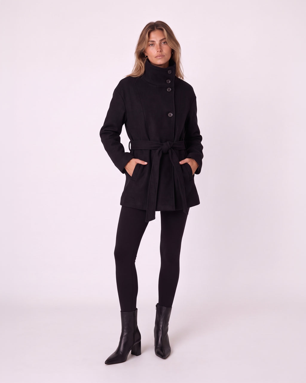 HIGH-NECK BUTTON-FRONT BELTED SHORT COAT