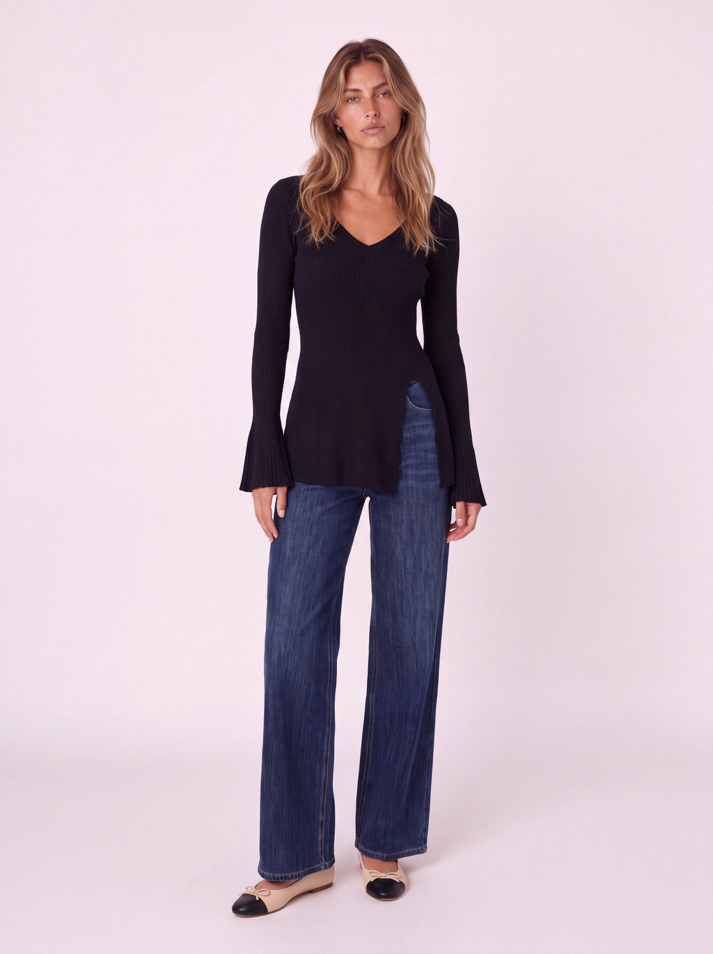 V-NECK RIBBED KNIT PEPLUM TOP WITH FLARED SLEEVES