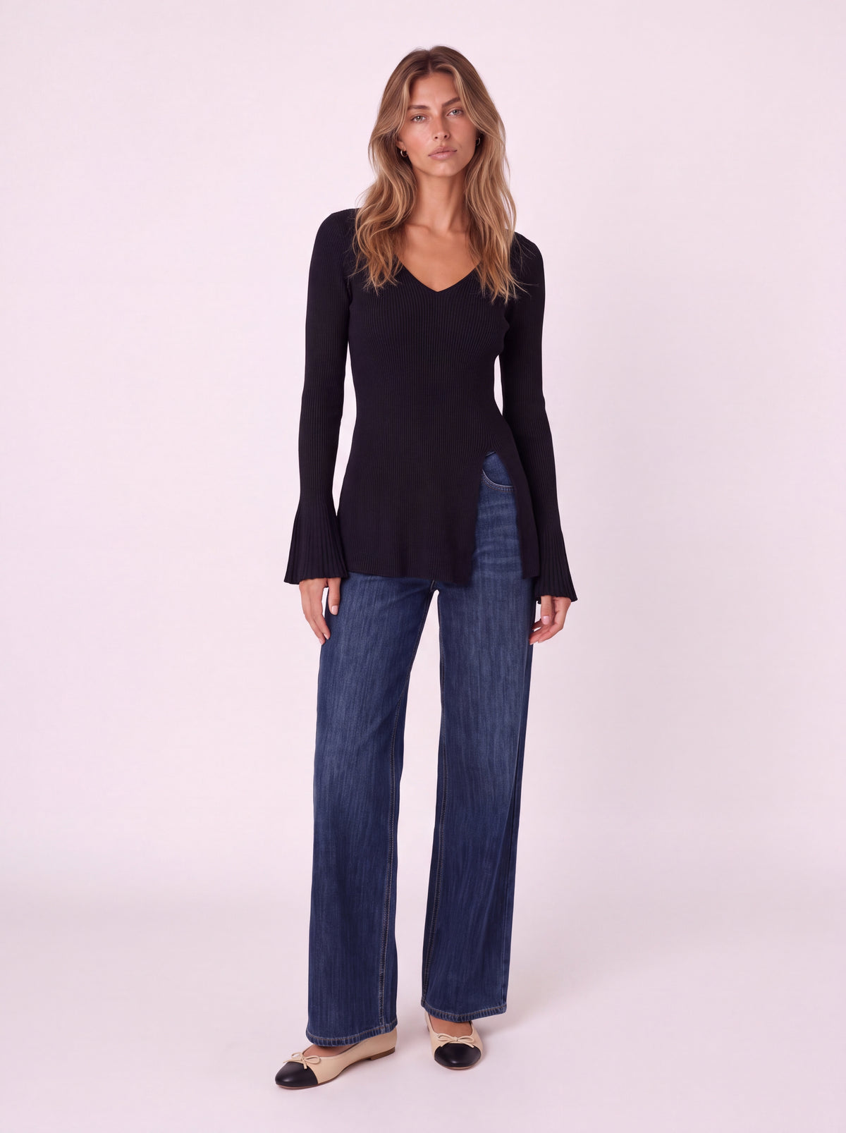 V-NECK RIBBED KNIT PEPLUM TOP WITH FLARED SLEEVES