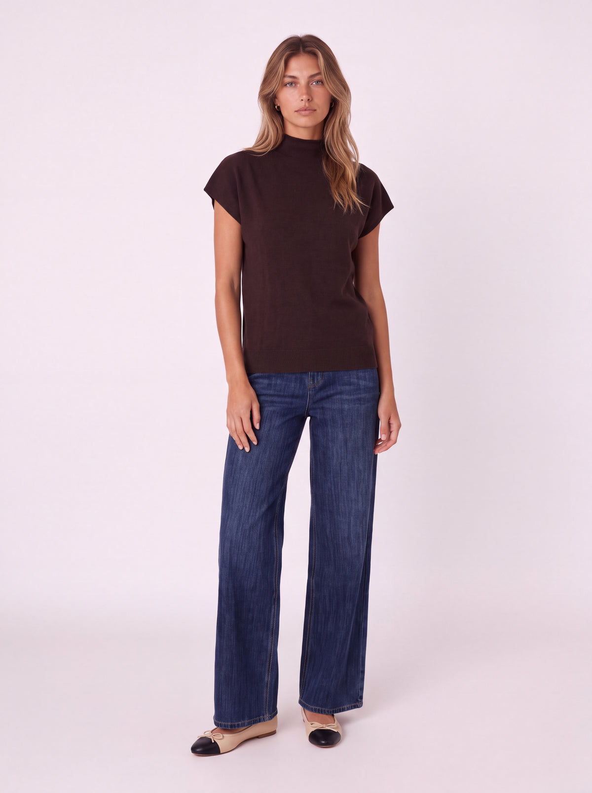 MOCK-NECK CAP-SLEEVE KNIT TOP