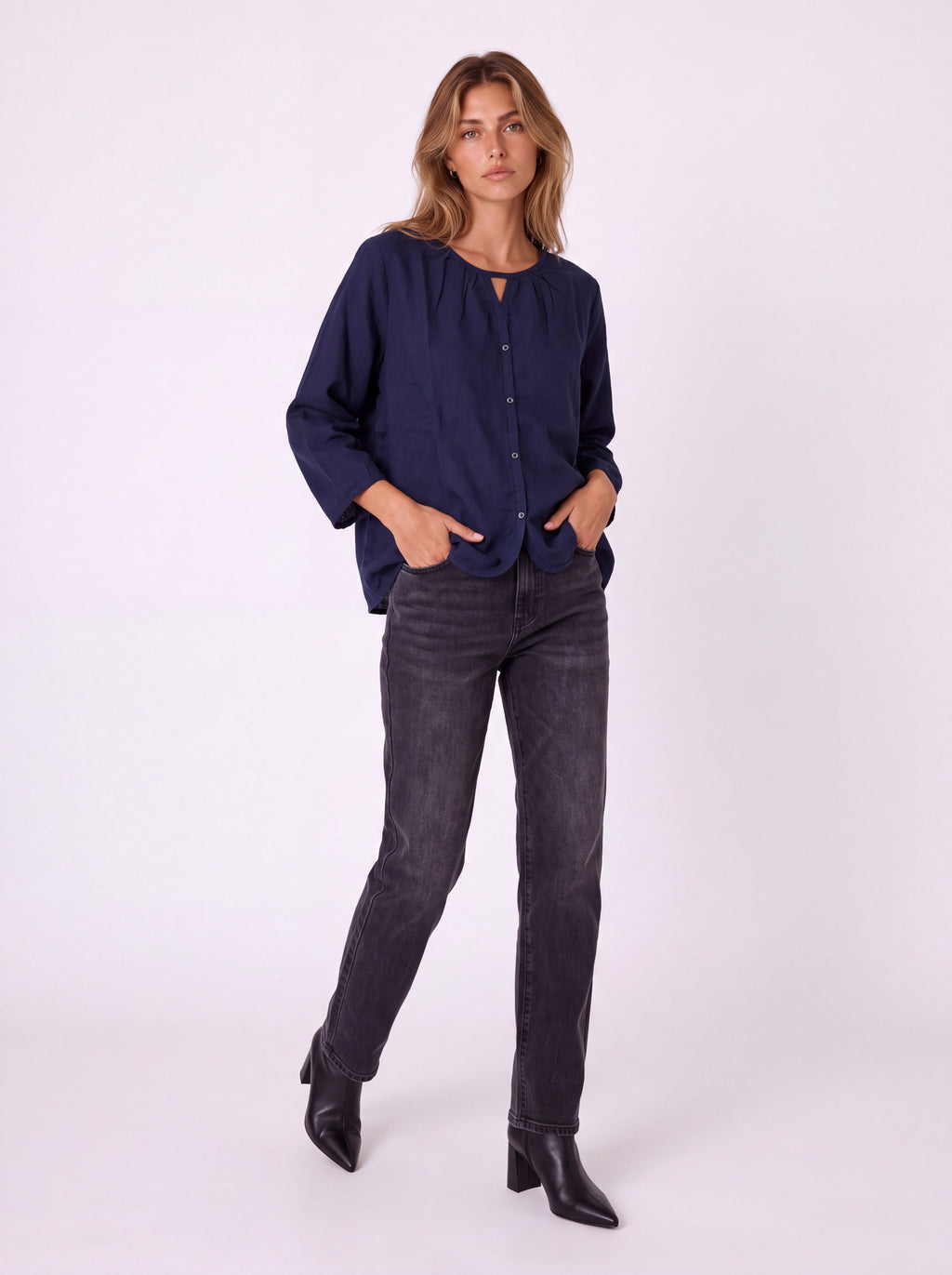 GATHERED NECK BUTTON-FRONT LONG SLEEVE BLOUSE