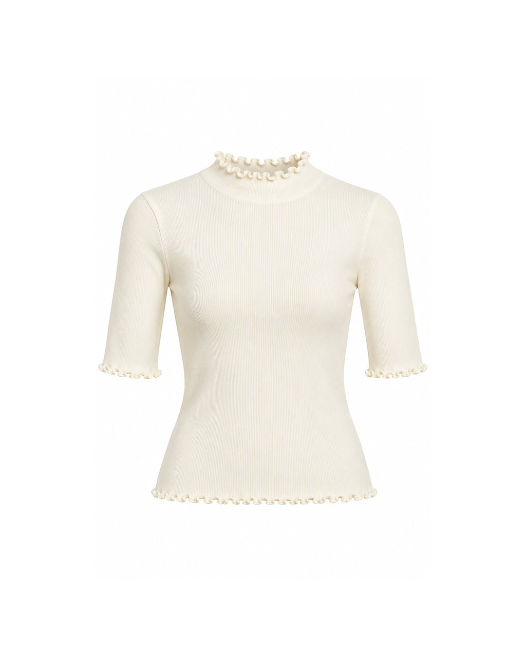 RIBBED MOCK NECK TOP WITH LETTUCE TRIM