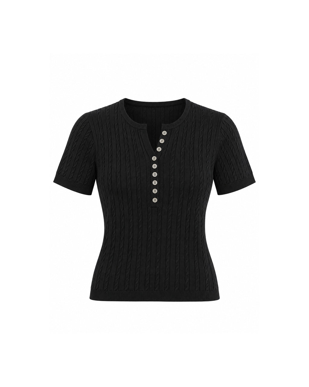 SHORT SLEEVE CABLE KNIT BUTTON FRONT HENLEY TOP