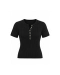 SHORT SLEEVE CABLE KNIT BUTTON FRONT HENLEY TOP